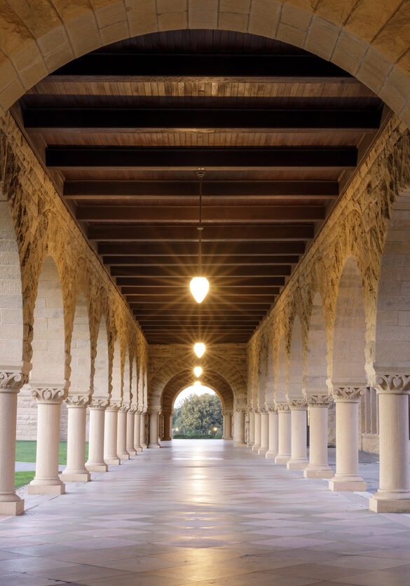 Stanford, California - March 12, 2020: Arches and Columns Walkway in Stanford University